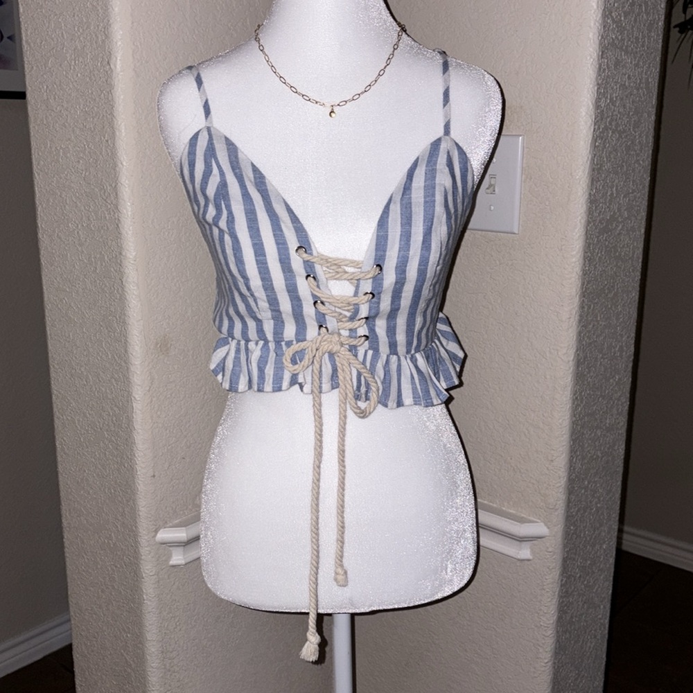 Shein blue & white striped lace up nautical crop  top Size S
